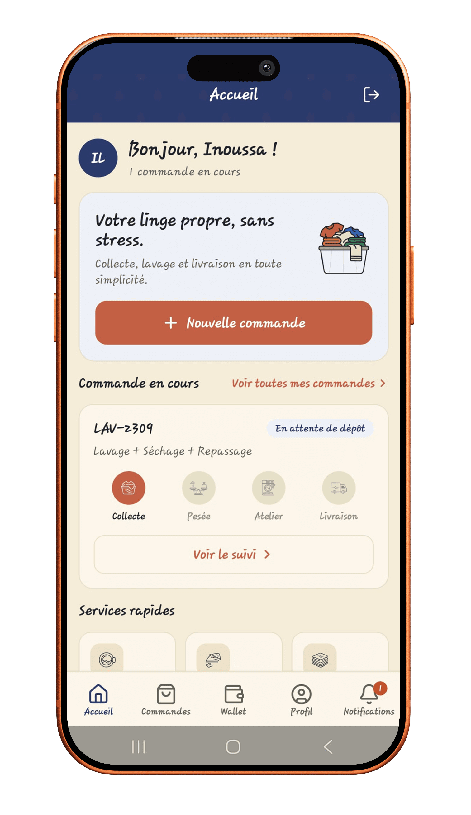 Aperçu de l'application mobile Lavea sur un téléphone